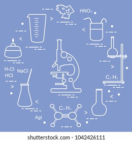 Chemistry scientific, education elements: microscope, flasks, tripod, formulas, beaker, burner, amoeba, measuring cup. Design for banner, poster or print.