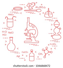Chemistry scientific, education elements: microscope, Petri dish, dropper, flasks, camera Kippa, formulas, beaker, burner, amoeba. Design for banner, poster or print.