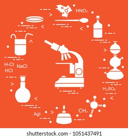 Chemistry scientific, education elements: microscope, Petri dish, dropper, flasks, camera Kippa, formulas, beaker, burner, amoeba. Design for banner, poster or print.