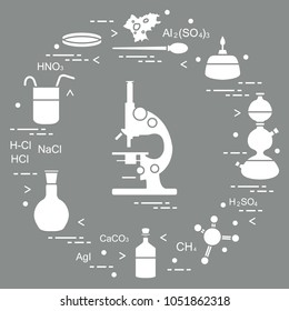 Chemistry scientific, education elements: microscope, Petri dish, dropper, flasks, camera Kippa, formulas, beaker, burner, amoeba. Design for banner, poster or print.