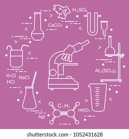 Chemistry scientific, education elements: microscope, flasks, tripod, formulas, beaker, amoeba, measuring cup, funnel, U-shaped tube. Design for banner, poster or print.