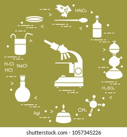 Chemistry scientific, education elements: microscope, Petri dish, dropper, flasks, camera Kippa, formulas, beaker, burner, amoeba. Design for banner, poster or print.