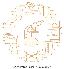 Chemistry scientific, education elements: microscope, flasks, tripod, formulas, beaker, amoeba, measuring cup, funnel, U-shaped tube. Design for banner, poster or print.