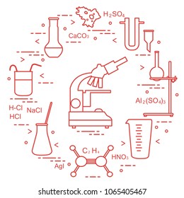 Chemistry scientific, education elements: microscope, flasks, tripod, formulas, beaker, amoeba, measuring cup, funnel, U-shaped tube. Design for banner, poster or print.