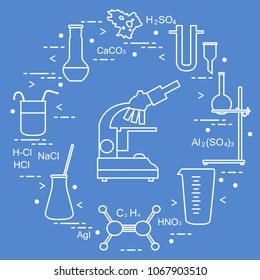 Chemistry scientific, education elements: microscope, flasks, tripod, formulas, beaker, amoeba, measuring cup, funnel, U-shaped tube. Design for banner, poster or print.