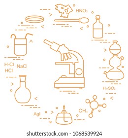 Chemistry scientific, education elements: microscope, Petri dish, dropper, flasks, camera Kippa, formulas, beaker, burner, amoeba. Design for banner, poster or print.