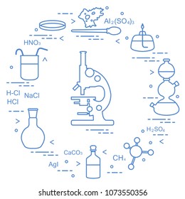 Chemistry scientific, education elements: microscope, Petri dish, dropper, flasks, camera Kippa, formulas, beaker, burner, amoeba. Design for banner, poster or print.