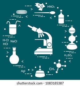 Chemistry scientific, education elements: microscope, Petri dish, dropper, flasks, camera Kippa, formulas, beaker, burner, amoeba. Design for banner, poster or print.