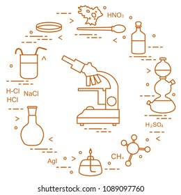 Chemistry scientific, education elements: microscope, Petri dish, dropper, flasks, camera Kippa, formulas, beaker, burner, amoeba. Design for banner, poster or print.