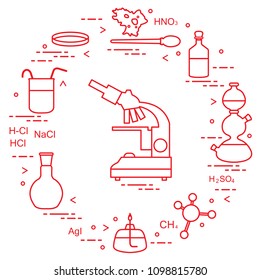 Chemistry scientific, education elements: microscope, Petri dish, dropper, flasks, camera Kippa, formulas, beaker, burner, amoeba. Design for banner, poster or print.