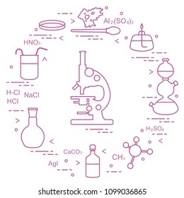 Chemistry scientific, education elements: microscope, Petri dish, dropper, flasks, camera Kippa, formulas, beaker, burner, amoeba. Design for banner, poster or print.