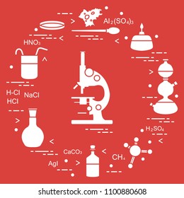 Chemistry scientific, education elements: microscope, Petri dish, dropper, flasks, camera Kippa, formulas, beaker, burner, amoeba. Design for banner, poster or print.