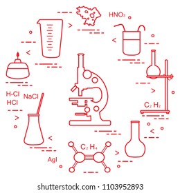 Chemistry scientific, education elements: microscope, flasks, tripod, formulas, beaker, burner, amoeba, measuring cup. Design for banner, poster or print.