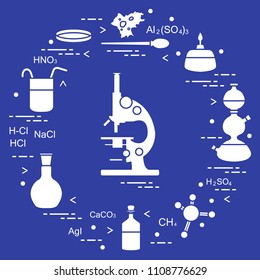 Chemistry scientific, education elements: microscope, Petri dish, dropper, flasks, camera Kippa, formulas, beaker, burner, amoeba. Design for banner, poster or print.