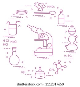 Chemistry scientific, education elements: microscope, Petri dish, dropper, flasks, camera Kippa, formulas, beaker, burner, amoeba. Design for banner, poster or print.