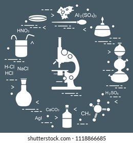 Chemistry scientific, education elements: microscope, Petri dish, dropper, flasks, camera Kippa, formulas, beaker, burner, amoeba. Design for banner, poster or print.