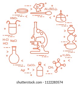 Chemistry scientific, education elements: microscope, Petri dish, dropper, flasks, camera Kippa, formulas, beaker, burner, amoeba. Design for banner, poster or print.