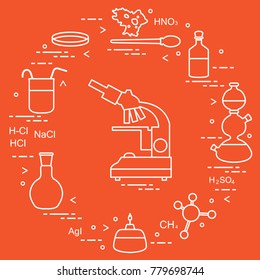 Chemistry scientific, education elements: microscope, Petri dish, dropper, flasks, camera Kippa, formulas, beaker, burner, amoeba. Design for banner, poster or print.