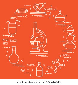 Chemistry scientific, education elements: microscope, Petri dish, dropper, flasks, camera Kippa, formulas, beaker, burner, amoeba. Design for banner, poster or print.