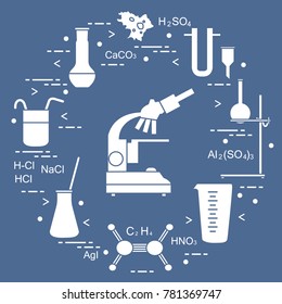 Chemistry scientific, education elements: microscope, flasks, tripod, formulas, beaker, amoeba, measuring cup, funnel, U-shaped tube. Design for banner, poster or print.