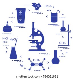 Chemistry scientific, education elements: microscope, flasks, tripod, formulas, beaker, burner, amoeba, measuring cup. Design for banner, poster or print.