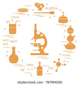 Chemistry scientific, education elements: microscope, Petri dish, dropper, flasks, camera Kippa, formulas, beaker, burner, amoeba. Design for banner, poster or print.