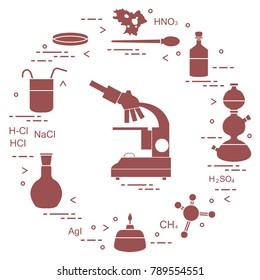 Chemistry scientific, education elements: microscope, Petri dish, dropper, flasks, camera Kippa, formulas, beaker, burner, amoeba. Design for banner, poster or print.