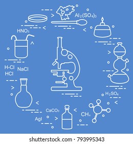 Chemistry scientific, education elements: microscope, Petri dish, dropper, flasks, camera Kippa, formulas, beaker, burner, amoeba. Design for banner, poster or print.