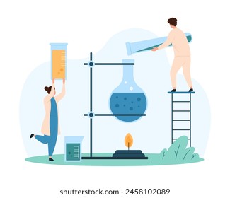 Chemistry scientific experiment in laboratory, boiling of water with reagents in flasks. Tiny people study reaction in test tubes, chemists heat chemical fluid on burner cartoon vector illustration