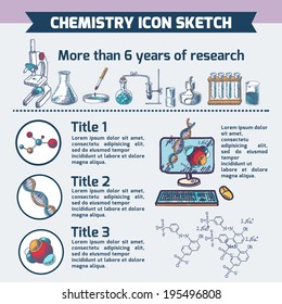 Chemistry scientific technology research infografic computer report presentation with dna symbol microscope molecule structure vector illustration