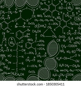 Chemistry scientific vector seamless pattern with handwritten formulas, dna strands and reaction equations
