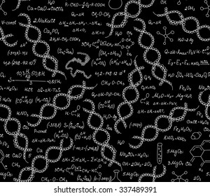 Chemistry scientific vector seamless pattern with formulas, dna molecules, chemical equations. Endless scientific texture. You can use any color of background