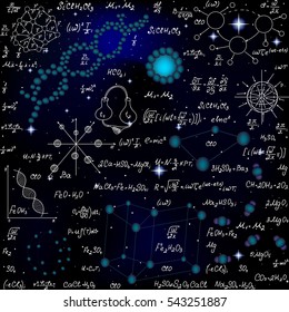 Chemistry scientific vector seamless pattern with formulas, dna molecules, chemical equations on space starry background