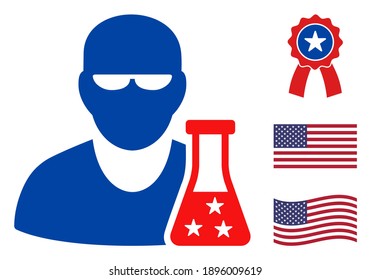 Chemistry scientist icon in blue and red colors with stars. Chemistry scientist illustration style uses American official colors of Democratic and Republican political parties, and star shapes.