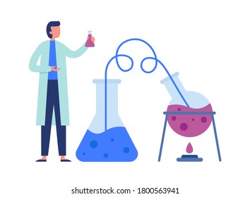 Chemistry scientist with scientific lab equipments doing experiment. Heating flask with liquid, transporting trough tubule. Laboratory worker in white coat doing research vector illustration