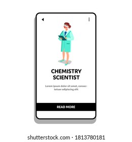 Chemistry Scientist Woman In Laboratory Vector. Chemistry Scientist Young Girl Wearing Lab Uniform And Glasses Holding Tablet And Analyzing Experiment. Character Web Flat Cartoon Illustration