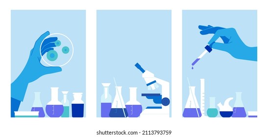 Chemistry. Scientist working in chemical laboratory. Illustrations with test tubes, flask, beaker, tube, glasses, microscope. Doctor hand holding dropper or petri dish. Set of posters background.
