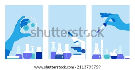Chemistry. Scientist working in chemical laboratory. Illustrations with test tubes, flask, beaker, tube, glasses, microscope. Doctor hand holding dropper or petri dish. Set of posters background. Stockfoto © 