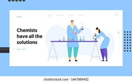 Chemistry Scientists Conducting Experiment in Science Laboratory, Man Holding Flasks Woman Technician Look in Microscope Website Landing Page, Web Page. Cartoon Flat Vector Illustration, Banner