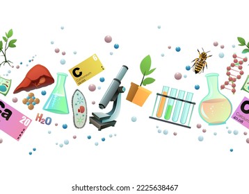 Chemistry seamless horizontal. Cartoon style. Science items picture. Study of living cells of plants, animals and humans. Isolated on white background. Vector