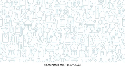 Chemistry seamless pattern background. Science education. Medical tests. Laboratory research. Outline contour blue light line.