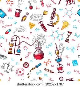 Chemistry seamless pattern. Chalkboard with elements, formulas, atom, test-tube and laboratory equipment. laboratory workspace and reactions research. science, education, medical. engraved hand drawn.