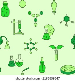Chemistry seamless pattern in colored line style. Background with chemical symbols. Vector illustration.