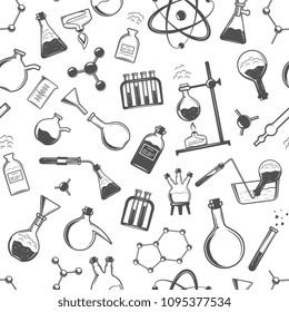 Chemistry seamless pattern with formulas and laboratory equipment. Science background