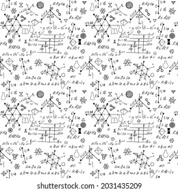Chemistry seamless pattern with handwriting of various formulas and molecules structures and diagrams. Atom geometry. College lectures. Scientific study as former Alchemy. Vector.