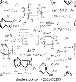 Patrón de química sin fisuras con escritura a mano de diversas fórmulas y moléculas estructuras y diagramas. Geometría átoma. Clases en la universidad. Estudio científico como antigua alquimia. Vector.