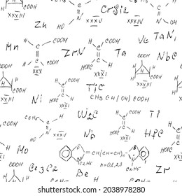 Chemistry seamless pattern with handwriting of various formulas and molecules structures and diagrams. Atom geometry. College lectures. Scientific study as former Alchemy. Vector.