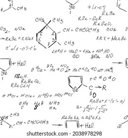 Chemistry seamless pattern with handwriting of various formulas and molecules structures and diagrams. Atom geometry. College lectures. Scientific study as former Alchemy. Vector.
