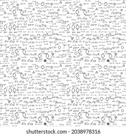 Chemistry seamless pattern with handwriting of various formulas and molecules structures and diagrams. Atom geometry. College lectures. Scientific study as former Alchemy. Vector.