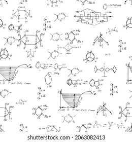 Chemistry seamless pattern with handwriting of various formulas and molecules structures and diagrams. Atom geometry. College lectures. Scientific study as former Alchemy. Vector.